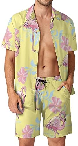Фламинго шема машка облека од 2 парчиња плажа на Хавајски копче надолу со кошула со кратки ракави и шорцеви костуми