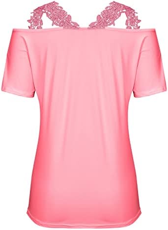 Женски врвови и блузи секси врвови за жени 2022 кошули за жени чипка трим V врат -случајни кратки ракави блузи
