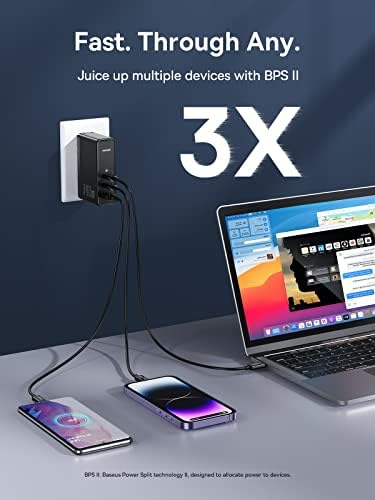 Charger Baseus USB C, 140W Wallиден полнач PD 3.1 со 3,3ft USB C до C кабел, 3-порта GAN5 полнач за лаптопи, iPad, iPhone 14/13 серија, Galaxy,