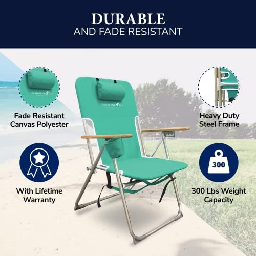 Caribbeanо oeо преклопувачки стол на плажа, 4 позиција преносен ранец за преклопување на стол за кампување со потпирач за глава, држач за чаши