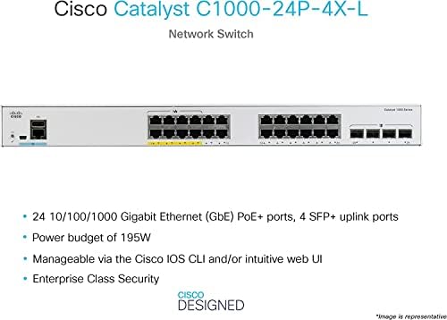C1000-24P-4X-L Cisco нов мрежен прекинувач, 24 Gigabit Ethernet POE+ Ports, 195W POE буџет, 4 10G SFP+ портрети на Uplink, операција без вентилатори, подобрена ограничена