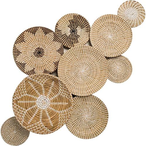 Егза сет од 9 Seagrass Wank Wallид декор - африкански дизајн рамен тркалезна камелија рустикален декоративен декор на wallидови