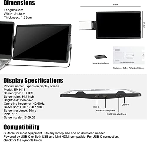 Лаптоп Екран Екстендер-360° Ротирачки 14.1 Прикачен Пренослив Монитор За Лаптоп FHD TFT USB Лаптоп Двоен Екран, Приклучок и Игра За Mac,