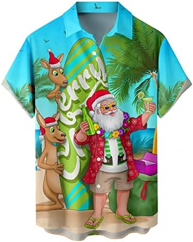 Божиќна кошула на ДСОДАН за мажи со опуштено копче за кратки ракави со кратки кошули Смешно Дедо Клаус Печати Хавајски плажа Топ