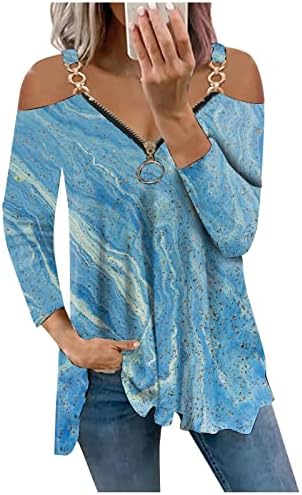 Туника на врвови за жени лабави долги ракави од кошулите на рамото, обични падови џемпери, патент v вратот блуза врвови