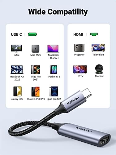 Кабел за адаптер UGREEN USB C до HDMI 4K 60Hz Алуминиум тип C Thunderbolt 3 Converter Meal to Female за iPad Mini 6, MacBook Pro 2019