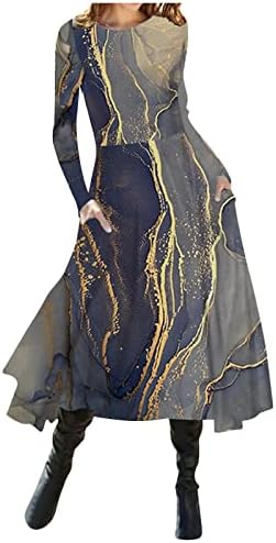 Коктел на Nokmopo фустани со долги ракави модни обични печатени печатени тркалачки врат, фустан со долг ракав