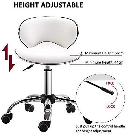 Фотографија столче со тркала ， столче канцеларија со бело ПВЦ синтетичко кожено седиште ， прилагодлива висина 40-52 см ， Поддржана тежина