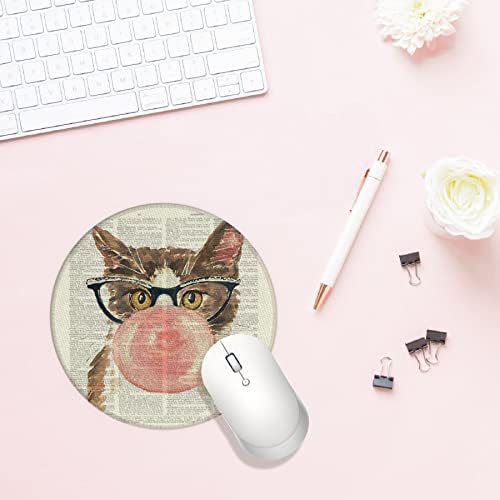 Мачка дува меур гума за џвакање со очила смешна водоотпорна мала тркалезна подлога за глувче, 7,9 x 7,9 инчи кои не се лизгаат гумени