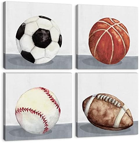 Спортска wallидна уметност за момчиња декор рустикален спорт тематски фудбал фудбал бејзбол кошарка платно слика деца спална соба декор гроздобер топка сликарство