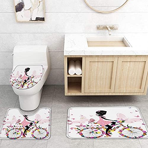 Пеперутка Девојка Велосипед Цвет Розова Бела Туш Завеси Водоотпорен Бања Завеса Тоалет Покрие Мат Килим Во Собата За Када Декор-Mat_Set