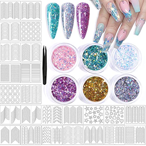 24 листови налепници на француски матрици за нокти 6 бои сјајни нокти уметнички секвенци холографски неправилни сјајни сјајни