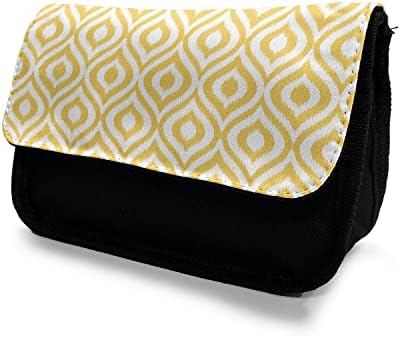 Лунарлива кутија со жолт молив, облици на Икат Оги, торба со молив со ткаенини со двојно патент, 8,5 x 5,5, бело жолта