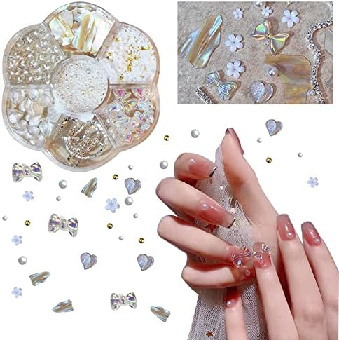 Уметнички привлечности на ноктите, симпатична бисерна срцева цвет, мали кристали скапоцени камења Rhinestones, 3D Y2K Nails