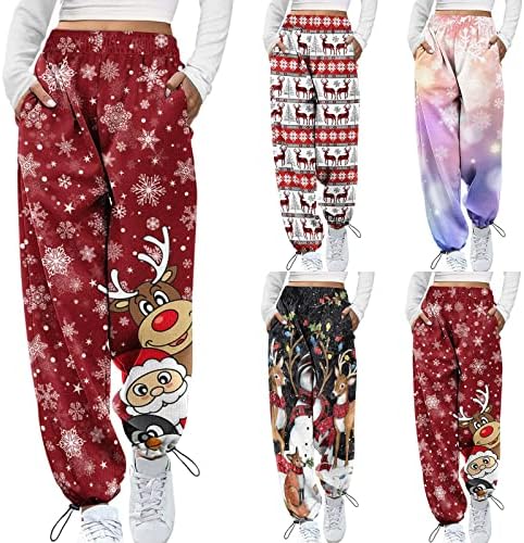 Christmasенски Божиќни џемпери врски со боја еластична половината атлетски џогери трендовски печатење на дното на дното активен пантолона со џебови
