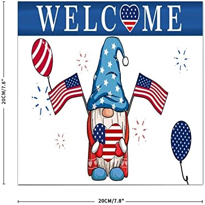 Знак на знаме на знаме на САД, Ден на независност Патриотски гном огномет балон добредојде печатени дрвени знаци 16 x 16 дрвена куќа дрвена плакета