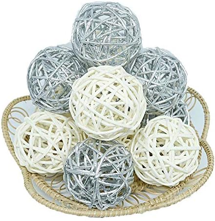 Подароци на Тајланд: Природни мали плетени топки со две тони сребрени и бели за DIY вазна и украс за полнење со чинии, декоративни сфери