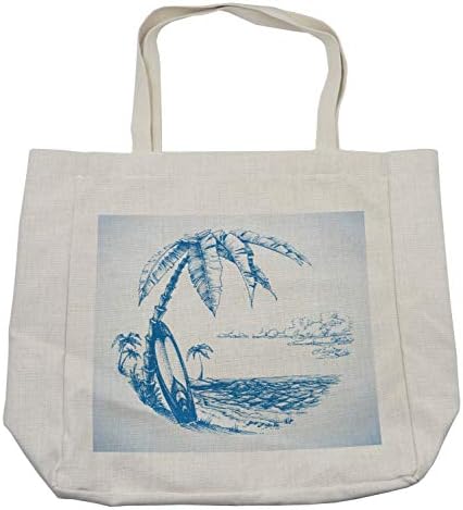 Торба за шопинг за сурфање на Амбесон, современа скица илустрација Хавајска плажа со дланки на сурфање и океанска вода, еколошка торба за еднократно