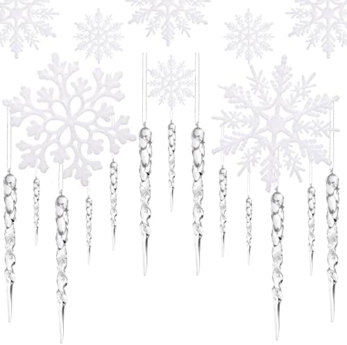 Бели Божиќни украси поставени 36 парчиња сјајни пластични лажни снежни снегулки декорации 36 парчиња чист акрилен украс на мраз за