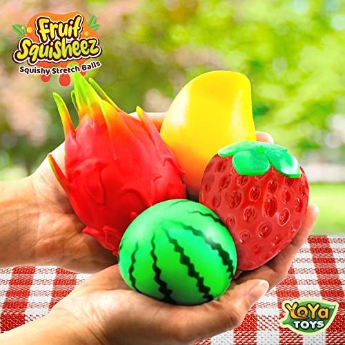 Yoya играчки овошје squishez oftest стрес топки - овошен сет на овошје од 4 овошни играчки, пакет со овошен овошје, уникатна топка за стрес од овошје