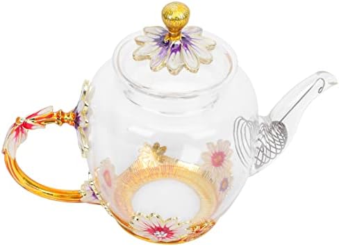 Стаклена чајник Франција емајл црвена роза цвет од пеперутка декорација стакло чајник со чајник со цедилка за цветање чај, лабав чај од лисја како што е прикажано