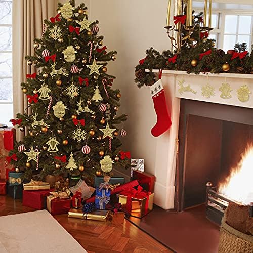 Songjum 24 парчиња злато Божиќ што виси украси, Божиќни сјајни снегулка ирваси украси Декорација на дрво за зимска земја на чудата елка
