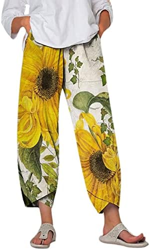 Женски обични широки панталони за нозе Јога Каприс вкрстени по постелнина панталони за жени со високи половини капри лабави панталони