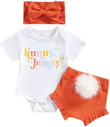 Сет на Велигденска облека за новороденче девојче, буква римпер -зајак од шорцеви за засилување слатки новороденчиња летни облеки 3 парчиња