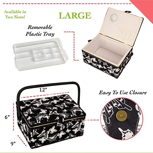 Кошница за шиење со цветен дизајн на печатење - кутија за складирање на комплети за шиење со отстранлив фиока, вградена перница за