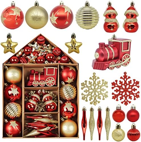 Црвени и златни Божиќни украси, 70 п.п., испрскани топки за новогодишни елки, поставени пластични Божиќни украси, најголемиот дел за празнични