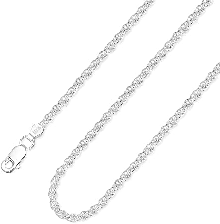 Gliveor 925 Стерлинг сребрен затворач од 2,5 мм јаже ланец за мажи жени со дијамантски исечен ѓердан 16 18 20 22 24 26 26 30 инчи