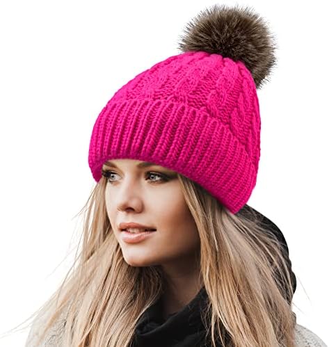 Зимска мека плетена капа од зимска мека, со мачно крзно пом, топло череп капа за жени за жени