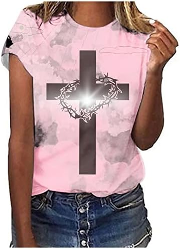 Маици со кратки ракави, жени ретро вкрстени печатени графички маички околу вратот лабава маица обични фустани блузи туники