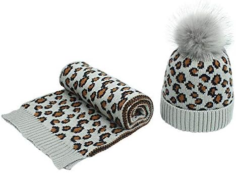Womenените зимска плетена шамија сет леопард beanie hat вратот потопло ски -капа