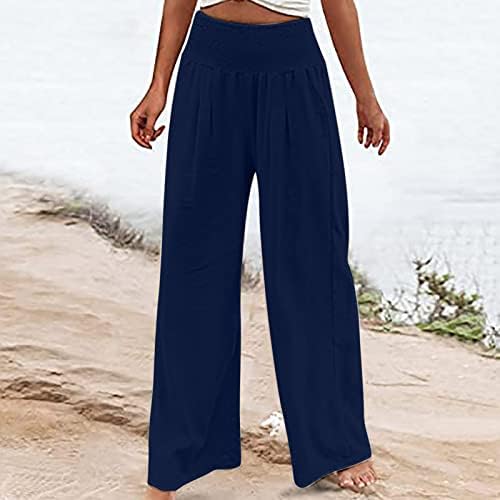 Lcepcy со високи половини плетени панталони женски удобни широки нозе Постелнина памучни панталони лабави вклопени лесни летни панталони