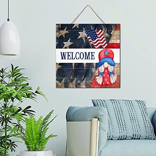 Виси дрво знаци на 4 -ти јули добредојде на знак Американско знаме гном декор вертикално дрво плакета знак цитат фарма куќа патриотски starsвезди