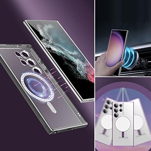 Компатибилен со Magsafe Galaxy S23 Ultra Case со заштитник на леќи на фотоапаратот, ултра тенок чист магнетски телефонски случај за Samsung