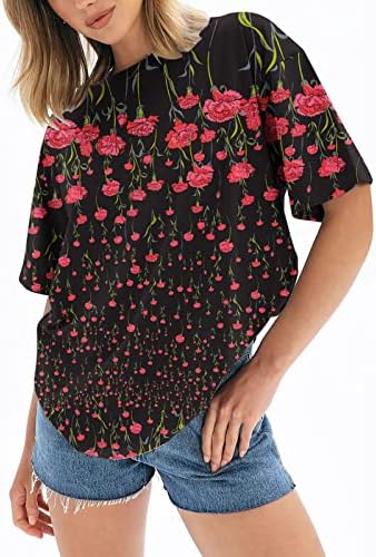 Womenените преголема маица со цвеќиња за цвеќиња за цвеќиња со цвеќиња со кратки ракави, блуза за блузи, капка рамо лабава кошули маички