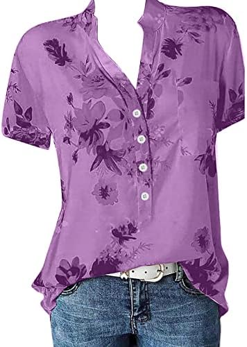 Флорални врвови за жени 2023 копче надолу модни обични кошули со кратки ракави маички блузи