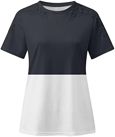 Летни кошули за жени исечени чипка чипка кратки ракави врвови околу вратот трендовски маичка обична лабава фит -фит -блок во боја,