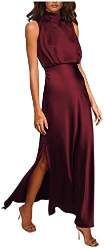 Женски матурски фустани долги 2023 година сатен Алин Слит Спагети Официјални вечерни наметки со џебови
