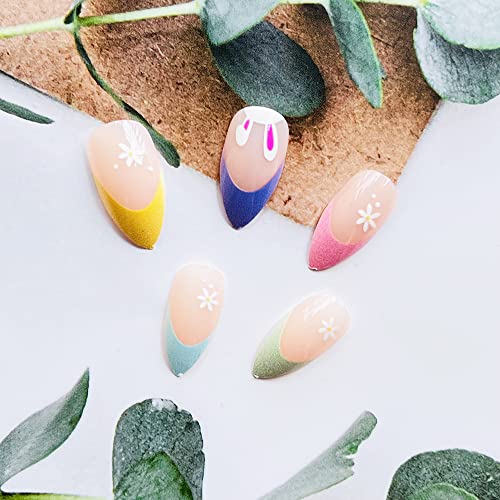 24 парчиња Велигденски печат на ноктите кратки бадеми во форма на бадем, симпатична зајаче лажни нокти шарени француски врв лажни