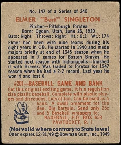 1949 Bowman 147 Elmer Singleton Pittsburgh Pirates VG+ Pirates