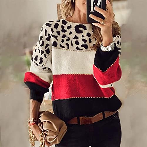Женски Плетени Џемпери Блузи Секојдневен Блок Во Боја Пуловер Со Долги Ракави Леопард Печатени Кошули Дуксер Блуза