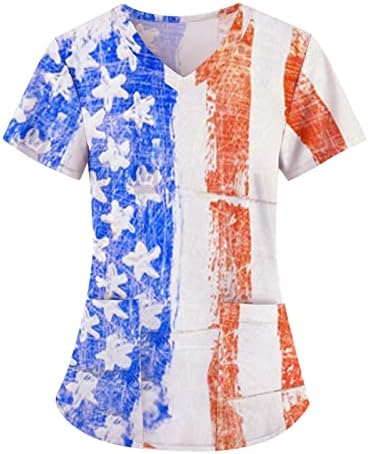 2023 4 јули Работни Униформи Блузи Мода Краток Ракав В - Вратот Џеб Блуза Маици Денот На Независноста Кошули Пуловер