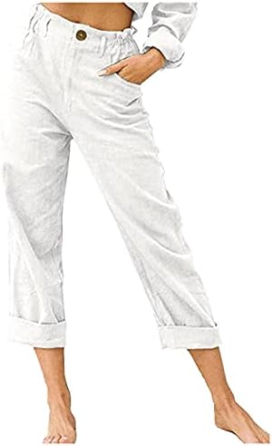 Земински женски памучни ленени панталони Обични еластични копче за половината карго панталони цврста боја права панталони со џебови