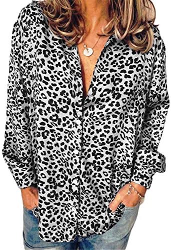 Копче за женски andongnywell леопард печати долги ракави блузи блузи врвови кошули маици маици маици