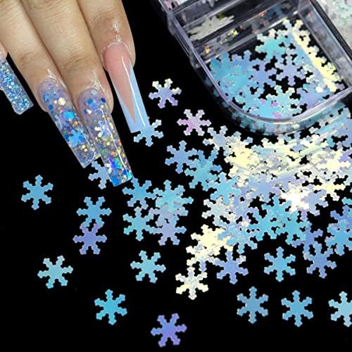 12 решетки за снегулка на ноктите, Божиќни снегулки холографски нокти уметност сјајни снегулки конфети сјајни нокти дизајни за жени