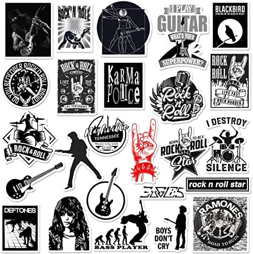 Одговори на налепници на карпи 50 парчиња метални рок налепници подароци фанови уметност црно -бела апликација темна панк стил на гитара налепници