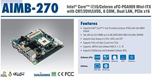 1-Ви Генерал Intel Core i7/i5/Celeron uFC-PGA989 Mini-ITX со QM57, CRT/2DVI/LVDS, 6 COM, Двојна GbE LAN, PCIe x16